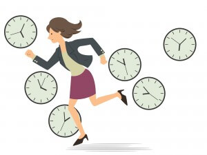 woman in a hurry clocks all around